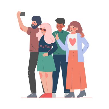 Smartphone ile Selfie Çeken Arkadaşlar, Birlikte Zaman Geçiren Gençler ve Çizgi Film Tarzı Vektör İllüstrasyonları