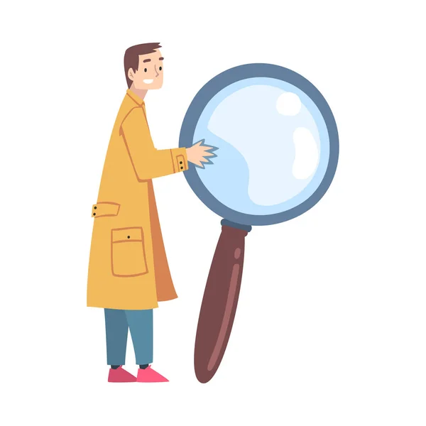 Tiny Man Holding Huge Magnifier, Male Detective Character Cartoon Style Vector Illustration — Stock Vector