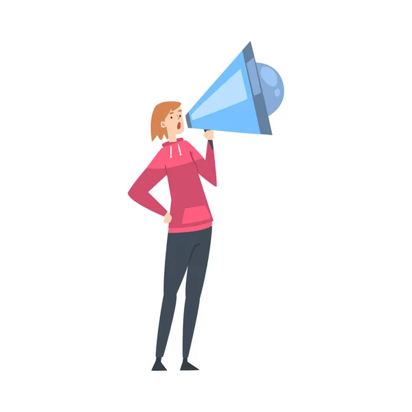 Woman Shouting to Huge Megaphone, Public Relations, Alert Advertising Campaign, Propaganda Cartoon Style Vector Illustration — Stock Vector