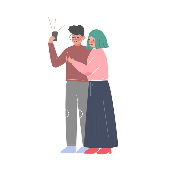 Jeune couple prenant selfie avec Smartphone, amis passant du temps ensemble et photographiant l'illustration vectorielle de style de bande dessinée — Image vectorielle