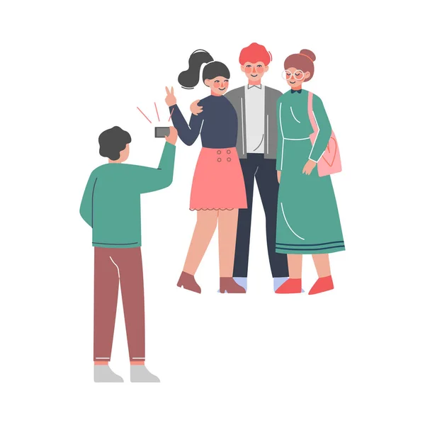 Friends Posing while Photographer Taking Photos Cartoon Style Vector Illustration — 스톡 벡터