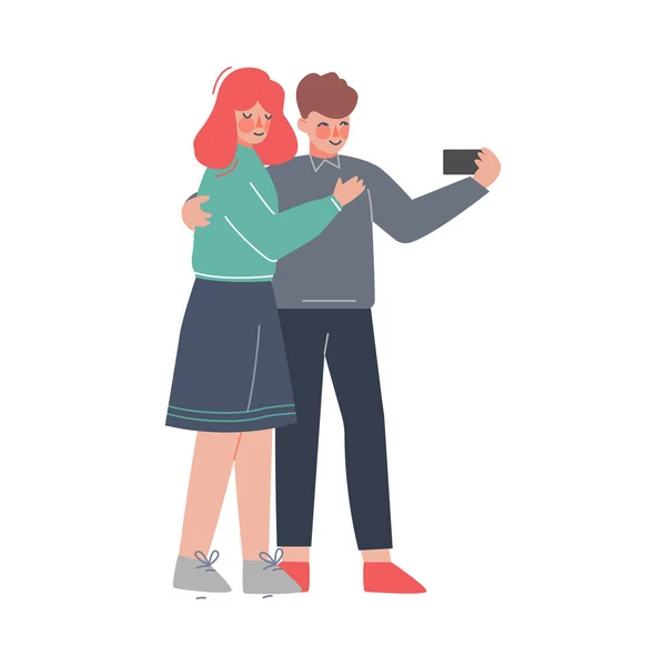 Jeune couple prenant Selfie avec Smartphone, Garçon et Fille passer du temps ensemble Illustration vectorielle de style dessin animé — Image vectorielle