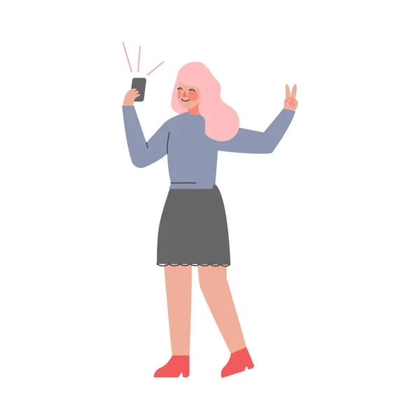 Teenage Girl Making Selfie with Smartphone Cartoon Style Vector Illusztráció — Stock Vector