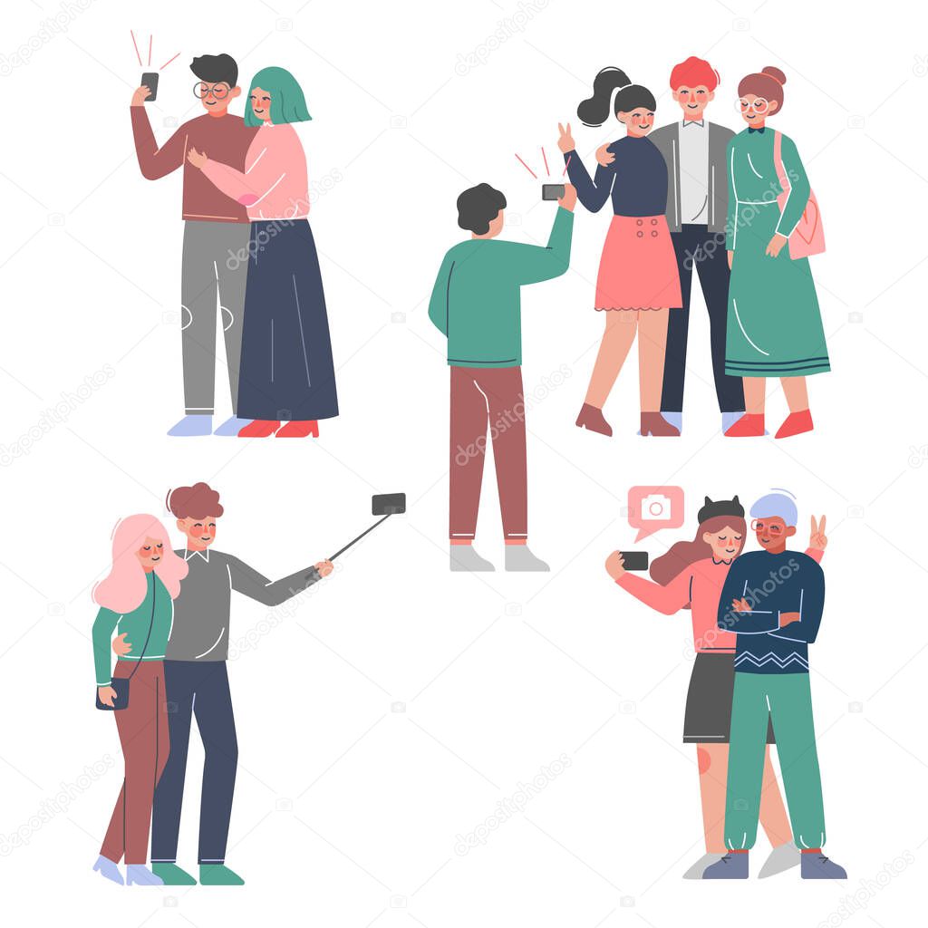 People Taking Selfie and Posing for Photographer Set, Friends Spending Time Together and Photographing Cartoon Style Vector Illustration