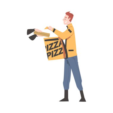 Teslimatçı Müşteriye Karton Veriyor, Pizza Teslimat Servisi Çizgi Film Stili Vektör İllüstrasyonu