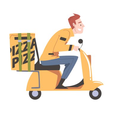 Teslimatçı Scooter, Pizza Teslimat Servisi Çizgi Film Stili Vektör Çizimi