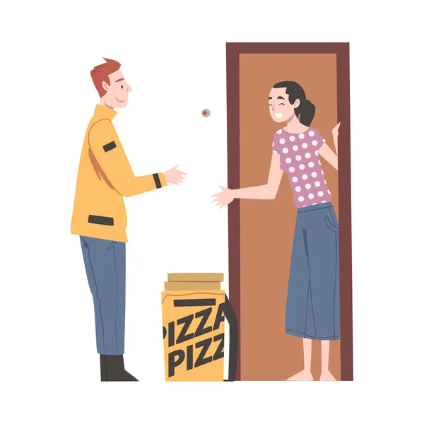 Fille recevant la commande de pizzeria, commande alimentaire en ligne et service de livraison Illustration vectorielle de style dessin animé — Image vectorielle