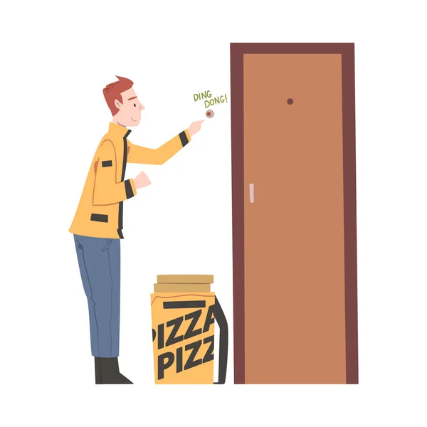 Food Delivery Man Ringing at Apartment Doorbell, Online Food Order and Delivery Service Cartoon Style Vector Illustration — Stock Vector