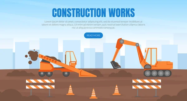 İnşaat İşleri İniş Sayfa Şablonu, Yeni Yol Binası, Ağır İnşaat Makineleri Vektör İllüstrasyonu — Stok Vektör