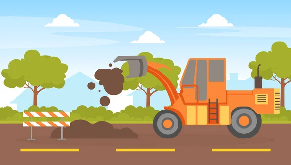 Bouw en reparatie van wegen, zware bouwmachines, graafmachine graven op de weg Vector Illustratie — Stockvector