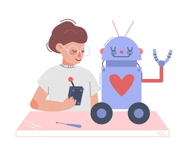 Colegial Creando Robot, Chica Ingeniero Personaje Trabajando en Proyecto Educativo Dibujos Animados Estilo Vector Ilustración — Vector de stock