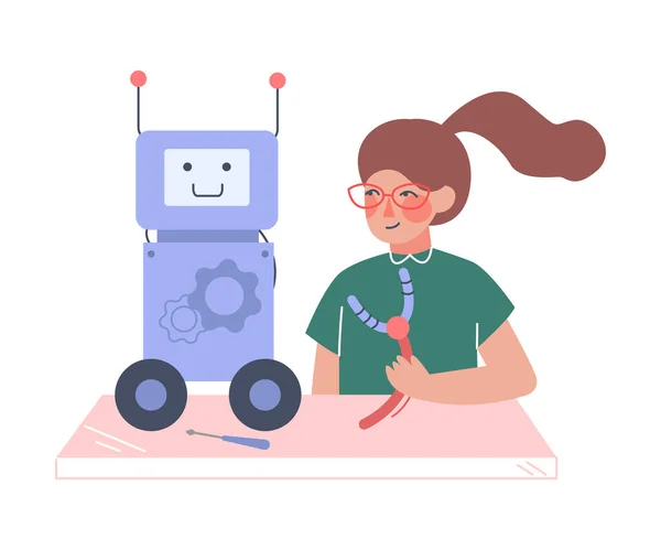 Girl Assembling and Programming Robot, Young Engineer Character Working on Future Technology Educational Project Cartoon Style Vector Illustration — Vector de stock