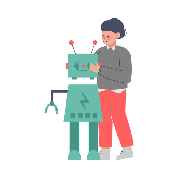 Robô de montagem de menino, personagem de engenheiro jovem trabalhando na tecnologia futura Projeto educacional Desenhos animados Estilo Vetor Ilustração — Vetor de Stock