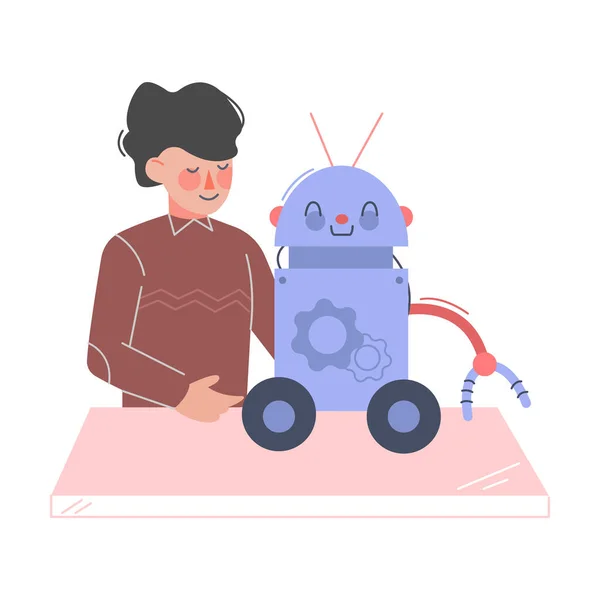 Školák Montáž a programování Toy Robot, Chlapec Inženýr Postava Práce na budoucí technologie Vzdělávací projekt Cartoon Style Vector Ilustrace — Stockový vektor