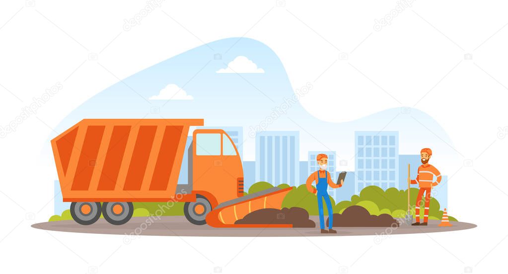 Road Works, Construction Workers in Overalls and Safety Helmets Repairing Asphalt Road, Heavy Construction Machinery Vector Illustration