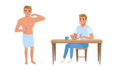 Diş Fırçalayan ve Kahvaltı Eden Adam, Genç Adam Etkinliği ve Günlük Çizgi Roman Vektör İllüstrasyonu