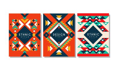 Etnik Biçim Kartları Ayarları, Renkli Flyer, Broşür, Kapak Şablonları, Etnik Geometrik Soyut Arkaplan Vektörü Resimleri
