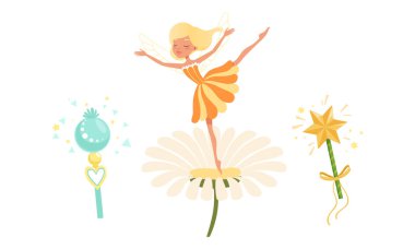 Sihirli Değnekler ve Kanatlı Güzel Peri Kız Çiçek Çizgi Filminde Dans Ediyor Vektör İllüzyonu