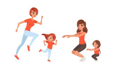 Anne ve Kızları Birlikte Spor Yapıyor, Neşeli Kadınlar ve Kızlar Koşuyor ve Çömeliyor Çizgi Film Vektör İllüzyonu