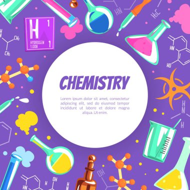 Metin Çizgi Filmi Vektör İllüstrasyonu için Kimya Sancak Şablonu Kimyasal Araçlar Kusursuz Desen ve Boşluk