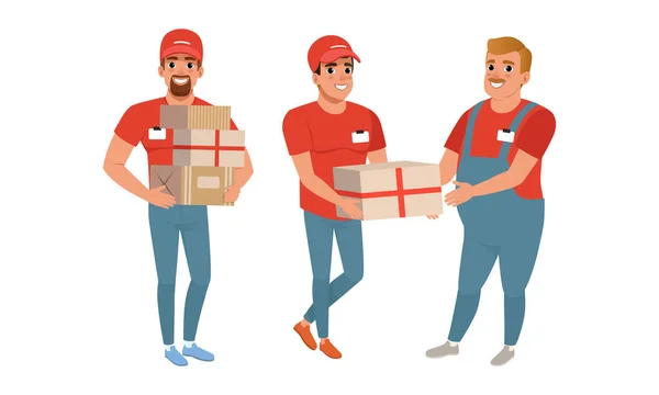 Express Delivery Service Concept, Mężczyzna kurierzy Dostarczanie paczek zestaw Ilustracja wektor kreskówek — Wektor stockowy