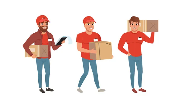 Express Delivery Service Concept, Male Couriers in Uniform Delivering Parcels Set Cartoon Vector Illustration — Stock Vector