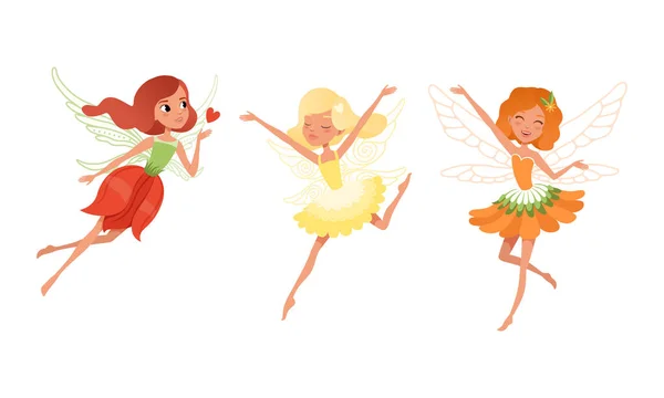 Cute Girls Fairies ze skrzydłami zestaw, piękne dziewczyny latające w kolorowe sukienki Pretty Wektor kreskówek ilustracji — Wektor stockowy