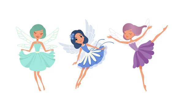 Cute Girl Fairies ze skrzydłami zestaw, Adorable Girls Latające w kolorowe ładne niebieskie i fioletowe sukienki Ilustracja wektor kreskówek — Wektor stockowy