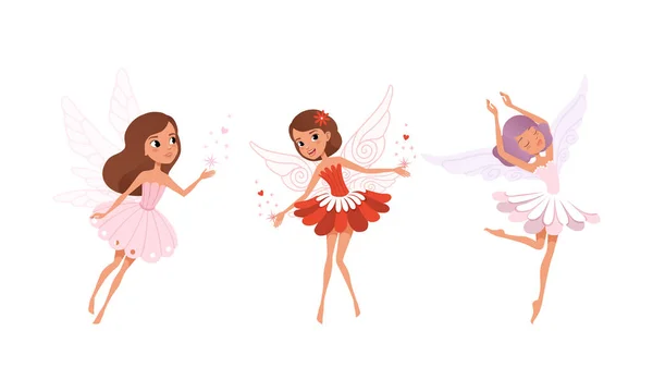 Симпатичные девчонки с набором, симпатичные девчонки, летающие в разноцветных милых цветочках. — стоковый вектор