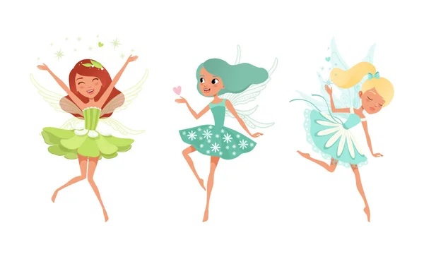 Niedliche Mädchen Feen mit Flügeln Set, schöne Mädchen fliegen in hübschen Blumenkleidern in Pastellfarben Cartoon Vector Illustration — Stockvektor