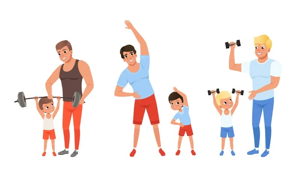 Vader en hun zonen doen samen sport, vrolijke mannen en jongens oefenen met duimbellen en lange halter cartoon vector illustratie — Stockvector