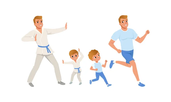 Les pères et leurs fils faisant du sport ensemble, l'homme joyeux et le garçon pratiquant les arts martiaux et le jogging Illustration vectorielle de bande dessinée — Image vectorielle