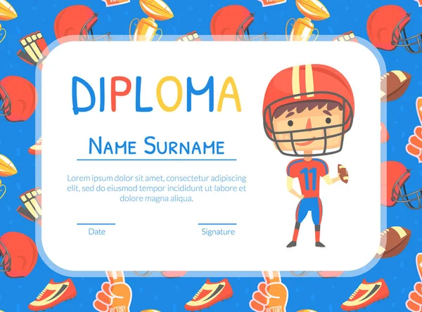 Diploma de fútbol americano, Logros deportivos Certificado Dibujos animados Vector Ilustración — Archivo Imágenes Vectoriales