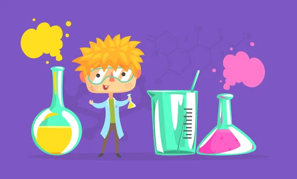 Personaje Científico Chico Divertido Experimentando con Mezcla de Químicos en Laboratorio o Clase de Química Ilustración de Vectores de Dibujos Animados — Vector de stock