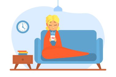 Mevsimsel Enfeksiyondan muzdarip Hasta Kız, Koşan Burunlu Kadın Ekoseye Sarılı Soğuk algınlığı, Grip Hastalığı İllüstrasyonu