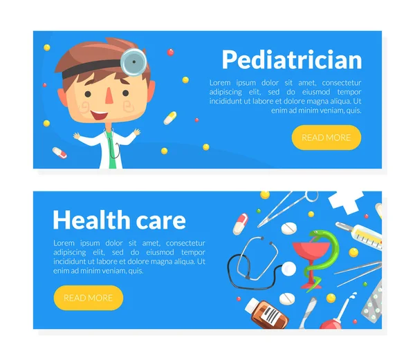 Conjunto de plantillas de página de aterrizaje de pediatra y atención médica, cuidado médico y tratamiento para niños Página principal, Diseño del sitio web Ilustración de vectores de dibujos animados — Vector de stock