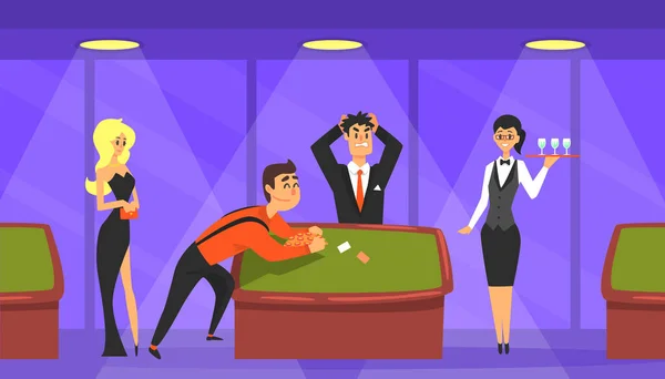 Menschen, die im Casino spielen, Glückspilz, der Geld gewinnt, Casino und Glücksspielkonzept Cartoon Vector Illustration — Stockvektor