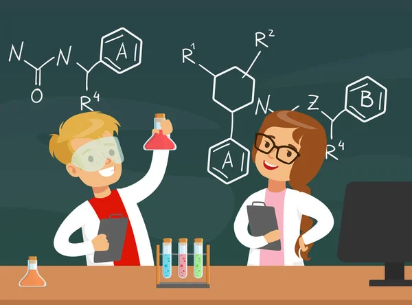Niños Científicos Químicos Personajes Experimentando con Mezcla de Químicos en la Lección de Química Ilustración de Vectores de Dibujos Animados — Vector de stock