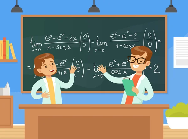 Boy and Girl Mathematicians Characters Writing Formulas On Blackboard, Children Education Concept Cartoon Vector Illustration — Stock Vector