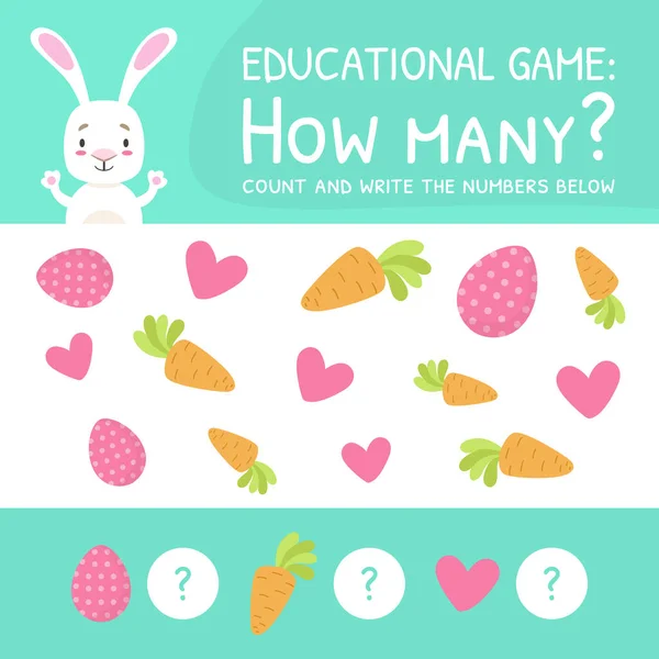 Hoeveel tellen spel voor kleuters, educatieve wiskundige spel, tellen en schrijven nummers onder cartoon vector illustratie — Stockvector