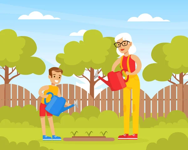 外婆家和外婆家后院里的浇灌树，外婆与外婆家的漫画病媒图解共度时光 — 图库矢量图片
