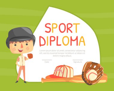 Spor Diploması, Spor Maçı Katılım Sertifikası Beyzbol Turnuvası Çizgi Film Vektör İllüstrasyonu