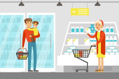 Süpermarketten alışveriş yapan ve mandıra ve mandıra ürünleri alan insanlar, bakkal dükkanı içsel çizgi film sunucusu illüstrasyonu