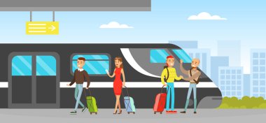 Tren İstasyonu Platformu 'nda Bavullu Yolcular, Uçak Çizgi Filmi Vektör İllüstrasyonuyla Seyahat Eden İnsanlar