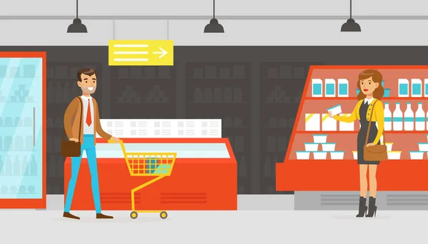 Persone Shopping in Supermercato, I clienti che acquistano prodotti alimentari, Negozio di alimentari Interior Cartoon Vector Illustrazione — Vettoriale Stock