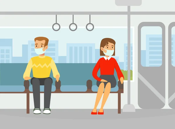 Hombre y mujer con máscaras faciales médicas que mantienen una distancia social segura dentro del tren subterráneo, personas que usan transporte público Vector Illustration — Vector de stock