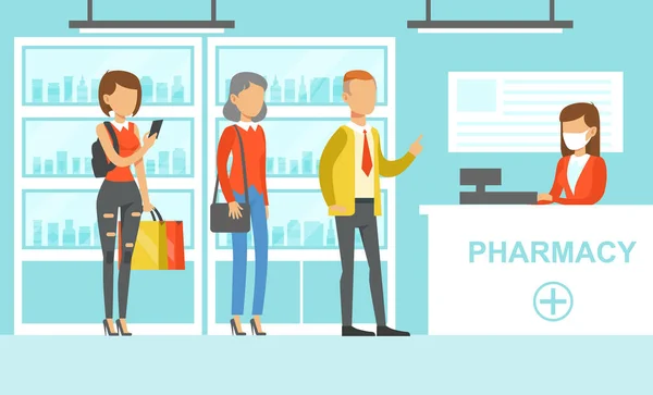 Queue of People Behind Counter in Pharmacy, Woman Pharmacist Selling Medications, Modern Pharmacy and Drugstore Interior Cartoon Vector Illustration — 스톡 벡터
