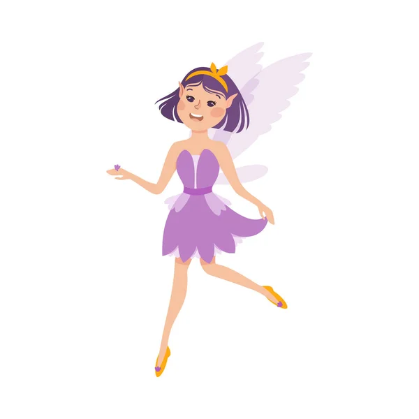 Fada menina bonito com asas, adoráveis princesas aladas Elfo em vestido roxo Desenhos animados Estilo Vetor Ilustração —  Vetores de Stock