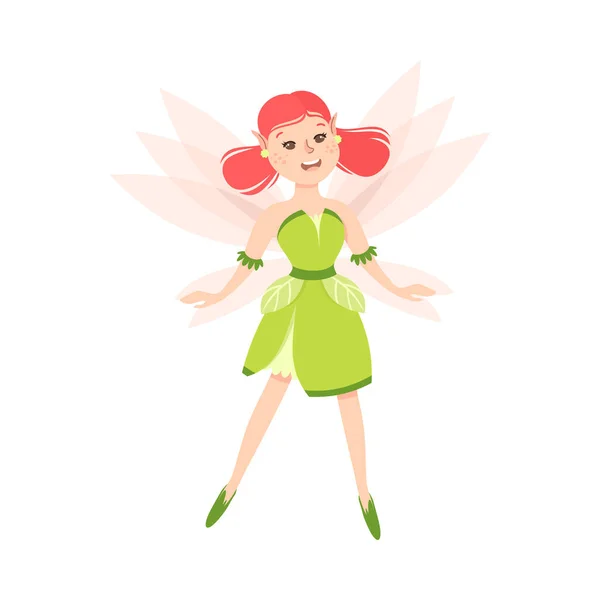 Girl Fairy with Wings, Cute Winged Elf Princesses in Green Dress Cartoon Style Vector Illustration — Stock Vector