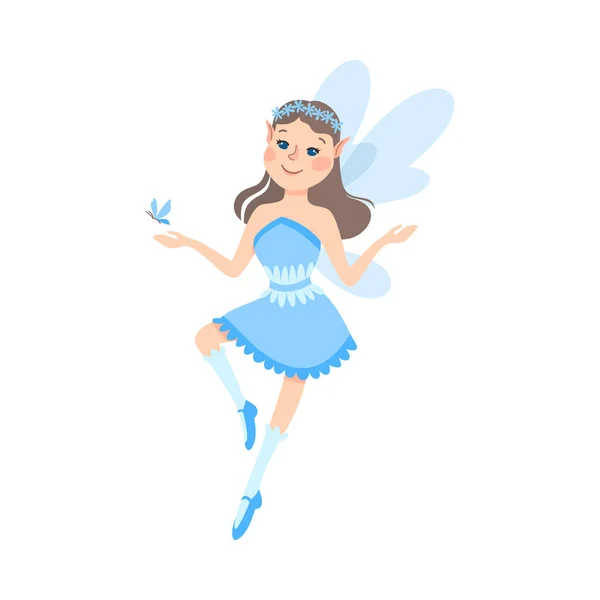 Cute Girl Fairy with Wings, Adorable Winged Elf Princesses in Light Blue Dress with Butterfly Cartoon Style Vector Illustration — Stock Vector